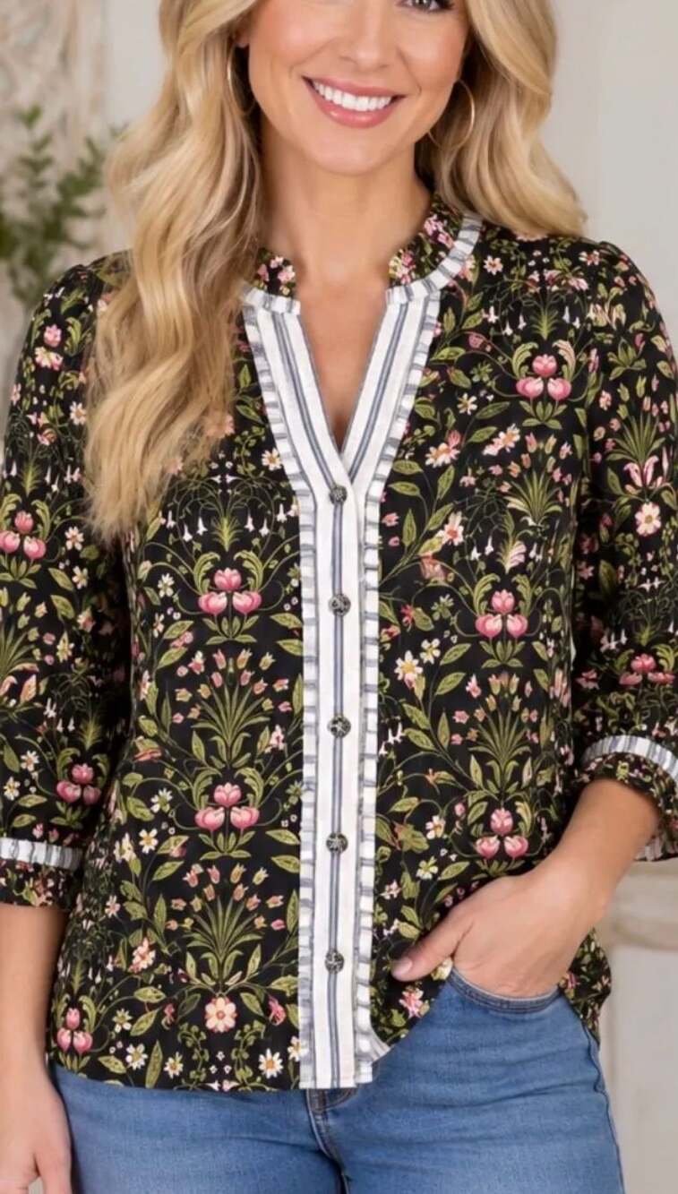 Umgee Black Multi Floral Print V-Neck Button Down Top with Striped Ruffle Trim